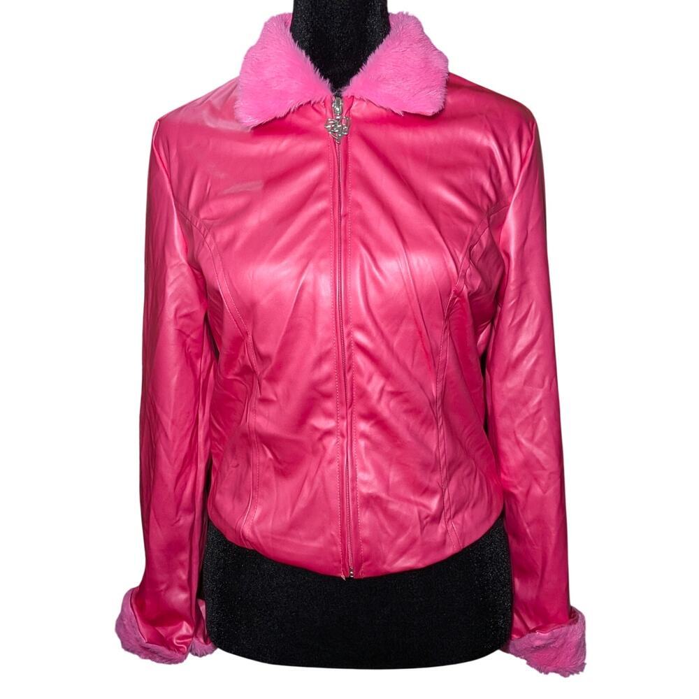 Legally Blonde Pink Faux Leather Jacket with Faux Fur Collar & Cuffs Women's Sm